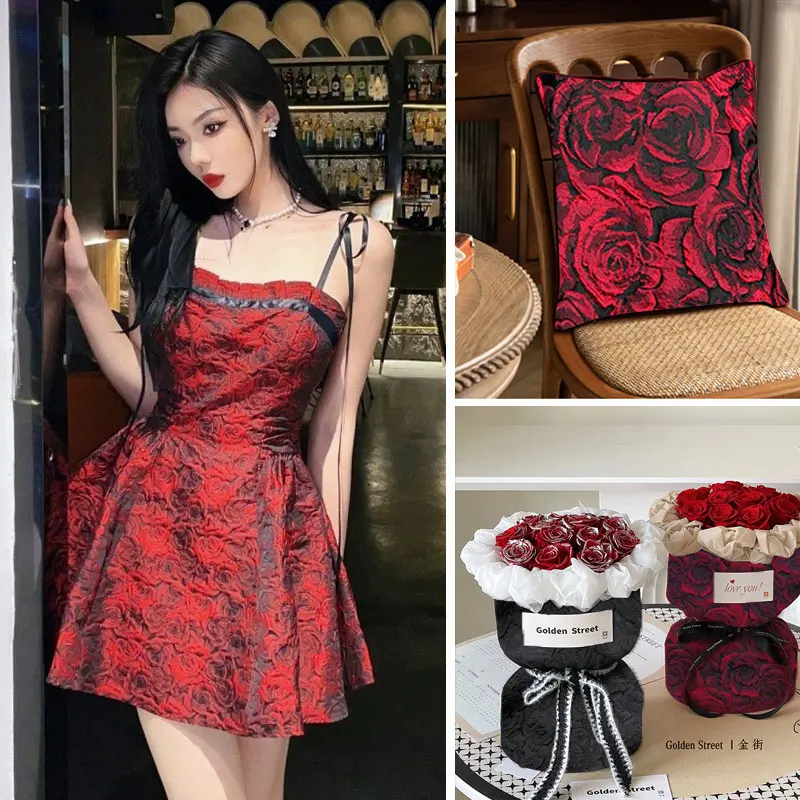 100x155cm 3D Rose Embossed DIY Sewing Black Dark Red Jacquard Yarn Dyed Vintage Floral Fabric Women's Dress Suit Bag Clothing