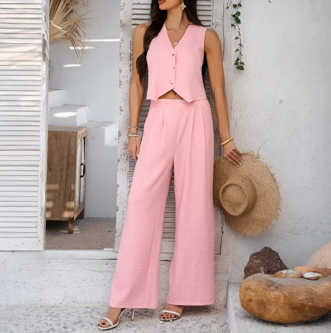 

Elegant Two Piece Set Women Outfit 2025 Spring New Solid Color V-Neck Sleeveless Crop Vest High Waist Ruched Wide Leg Pants Set