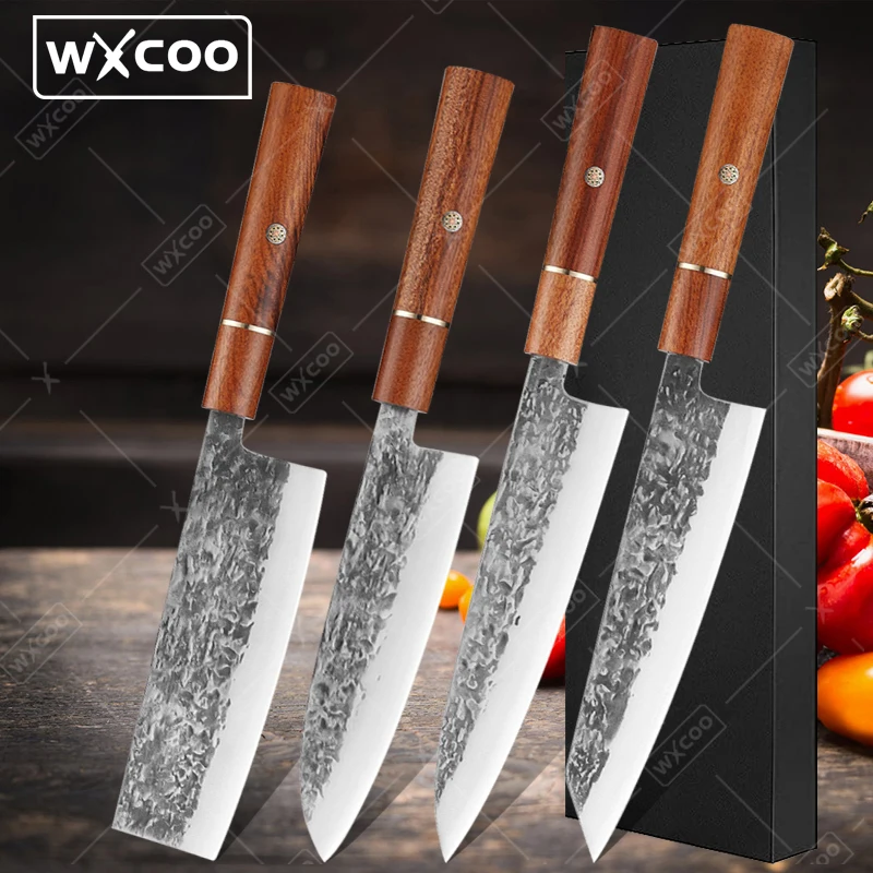 WXCOO Küchenmesser aus Damaststahl, professionelles Kochmesser-Set, scharfer Mehrzweck-Gemüseschneider, Santokusmesser, Obstschäler