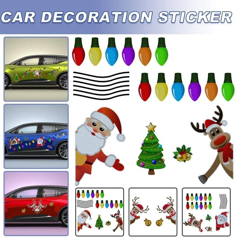 Christmas Reflective Stickers Santa Claus Reindeer Light Refrigerator Magnet Decals Car Door Mailbox Decoration Removable PVC