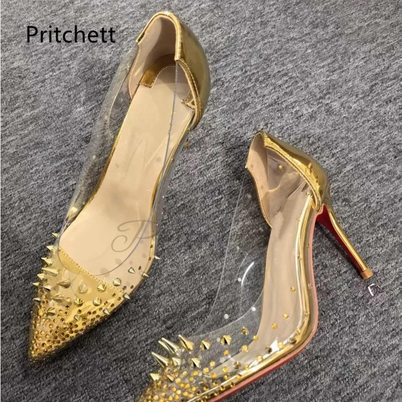 

Gold Rivet Transparent Pvc High Heels Pumps for Women Crystal Rhinestone Pointed Toe Slip On Luxury Stryle Wedding Party Shoes