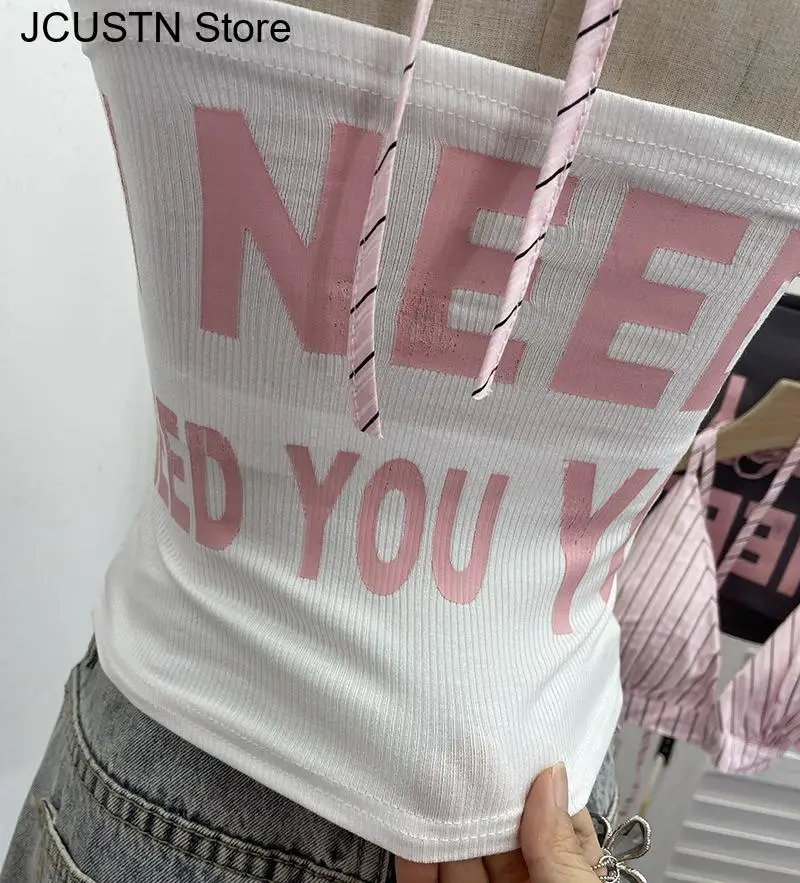 Y2Kサマー新作タンクトップ レディース セクシー 2点セット ストラップレス キャミソール 原宿系 ゴス レター エモ ガールズ ストリートウェア グランジ クロップトップ