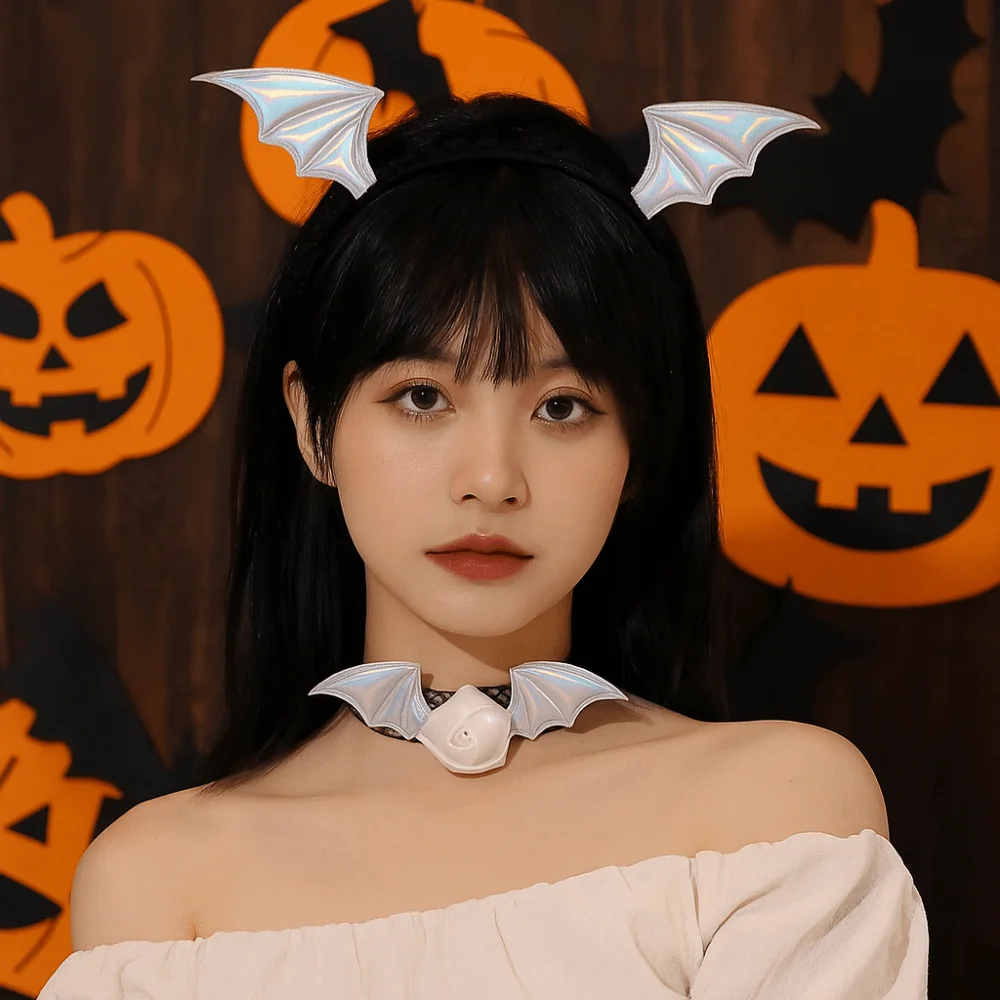 Mignon fleur chauve-souris ailes bandeau maille dentelle bandeau collier ensemble en cuir PU gothique Halloween cheveux cerceau carnaval