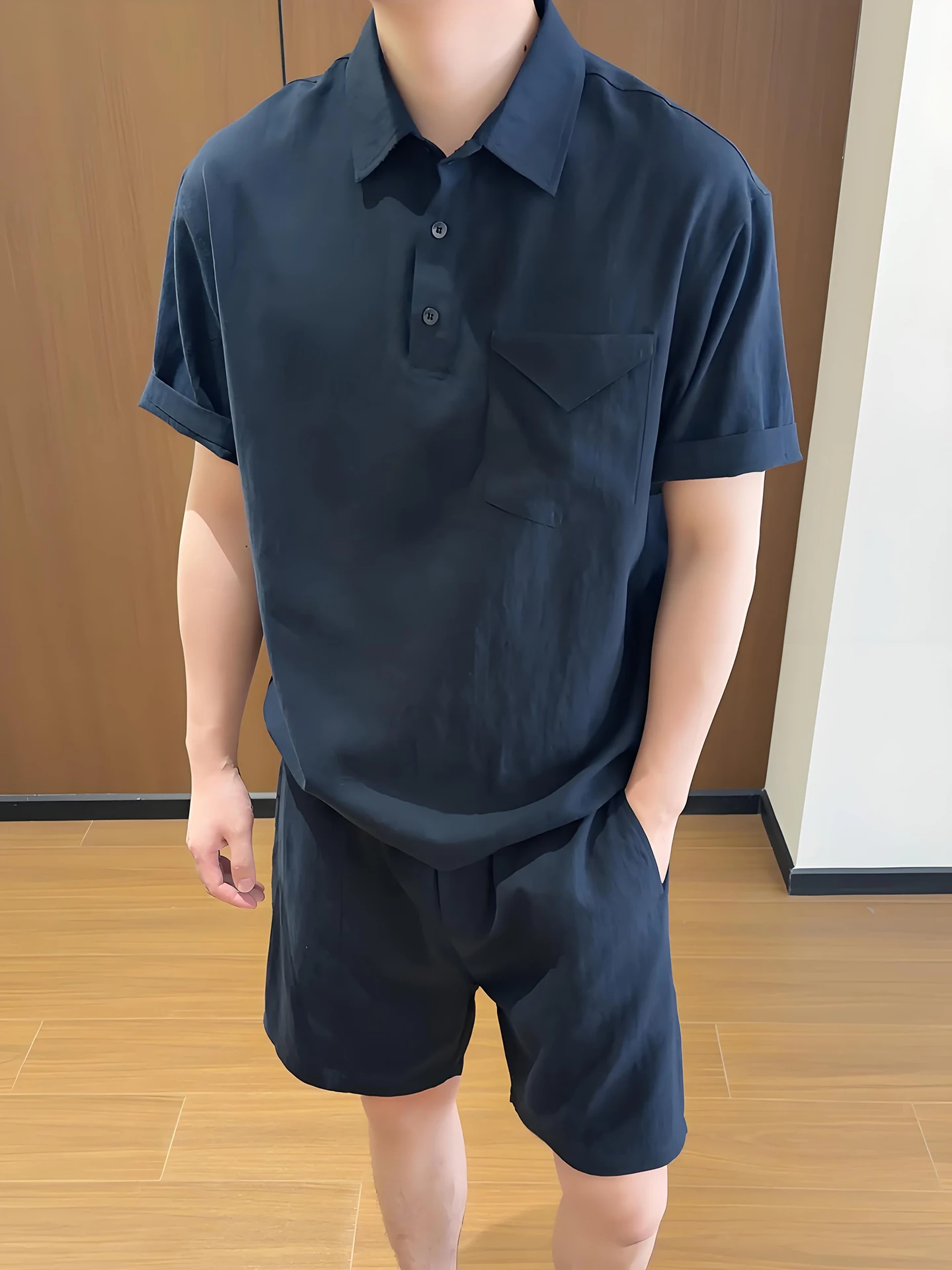 メンズ夏用薄手半袖ポロシャツ＆ショートパンツセット速乾性リヨセルリネンおしゃれスポーツウェアカジュアル衣装