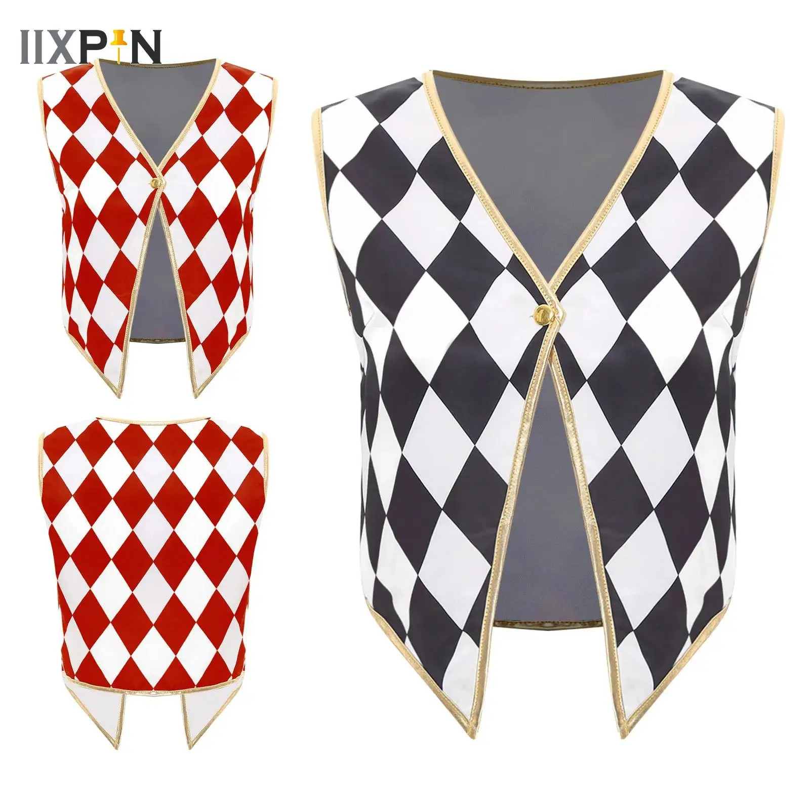 

Women Men Circus Ringmaster Vest Tops Halloween Cosplay Performance Costume Sleeveless Golden Trimming Jacket Tailcoat Waistcoat