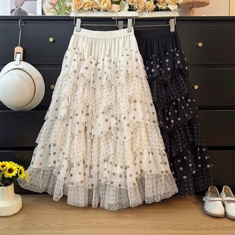 Women's Beige Polka Dot Ruffle Tiered Cake Maxi Skirt High Waist Flowy Mesh A-line Skirt Countryside Garden Sweet Fairy Outfits