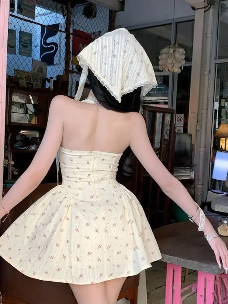 Unique Floral Print ter Dr Women's Summer New Waist Cinching Slimming Beautiful Bal Strapl High Waist A-Line Dr