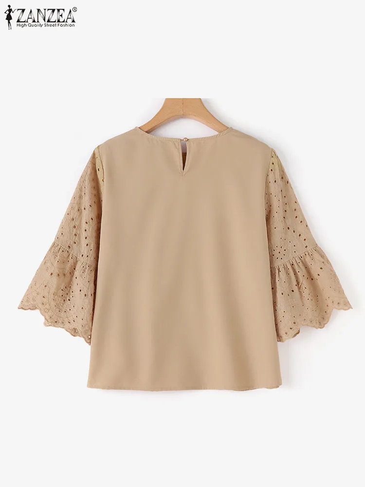 ZANZEA-Blusa de encaje de ganchillo para mujer, Top elegante de manga 3/4 con retazos, para vacaciones y trabajo, 2024