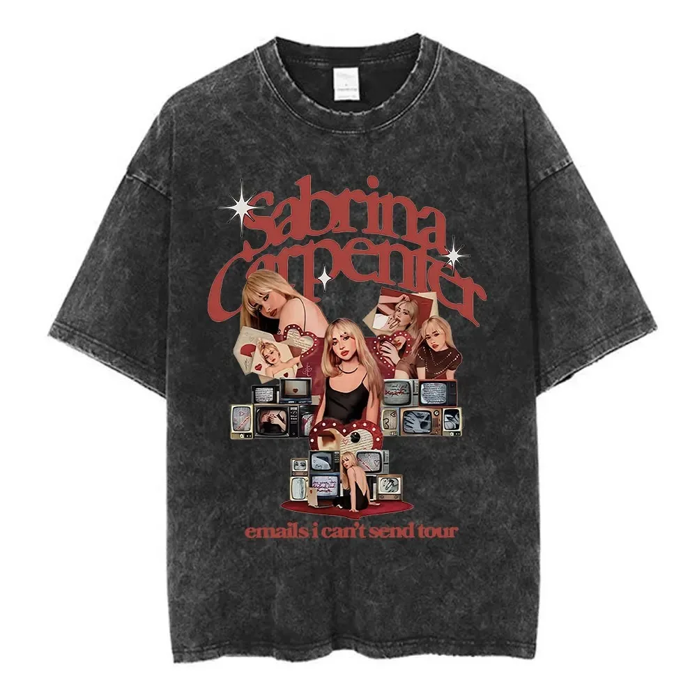 Vintage Washed Sabrina Carpenter Graphic T-shirt Pop Music Merch Oversized Y2k T-shirts Men Women Clothing Cotton Short Sleeves