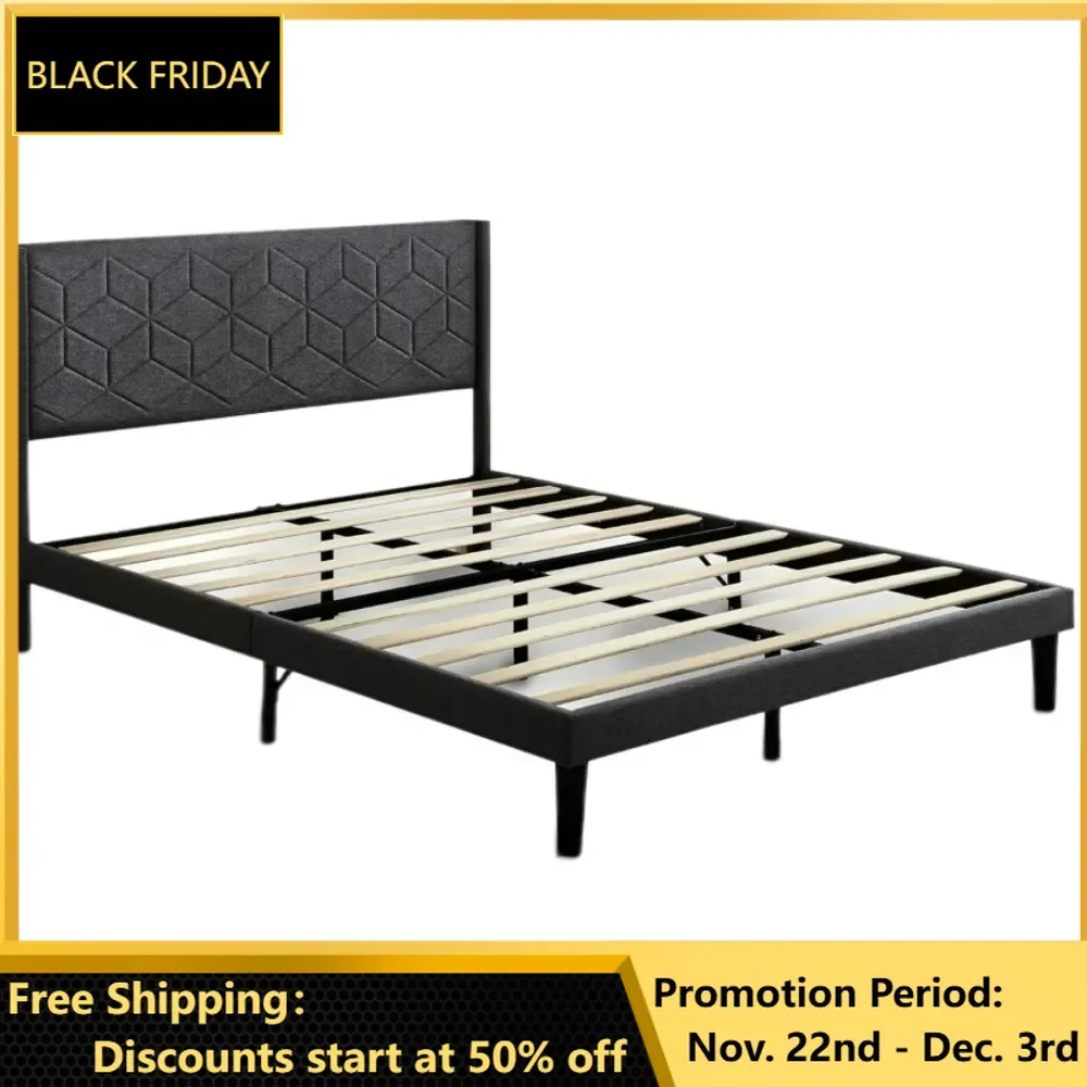 Bed Frame, Upholstered Platform with Headboard and Strong Wooden Slats,Non-Slip,No Box Spring Needed, Easy Assembly