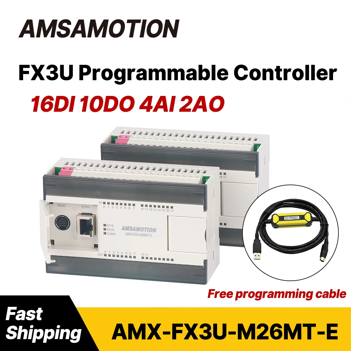 AMSAMOTION FX3U-M26MT-E Ethernet PLC Replace for Mitsubishi MELSEC Transistor Output 4AI/2AO 16DI/10DO Controller USB-SC09-FX