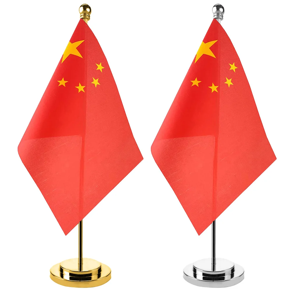 2 Sets Tabletop Ornament China Flag Decorative Desktop Single Shot with Base Polyester Miniature Chinese