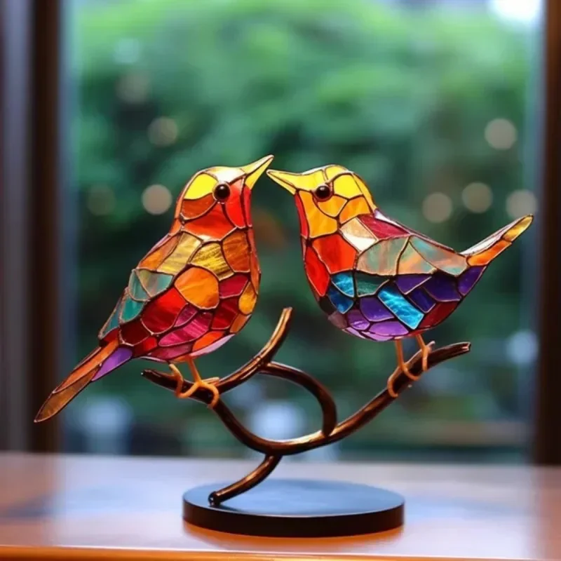 

Acrylic Stained Birds on Branch Colorful Bird Group Desktop Ornament Creative Double Sided Colorful Birds Series Home Decoration