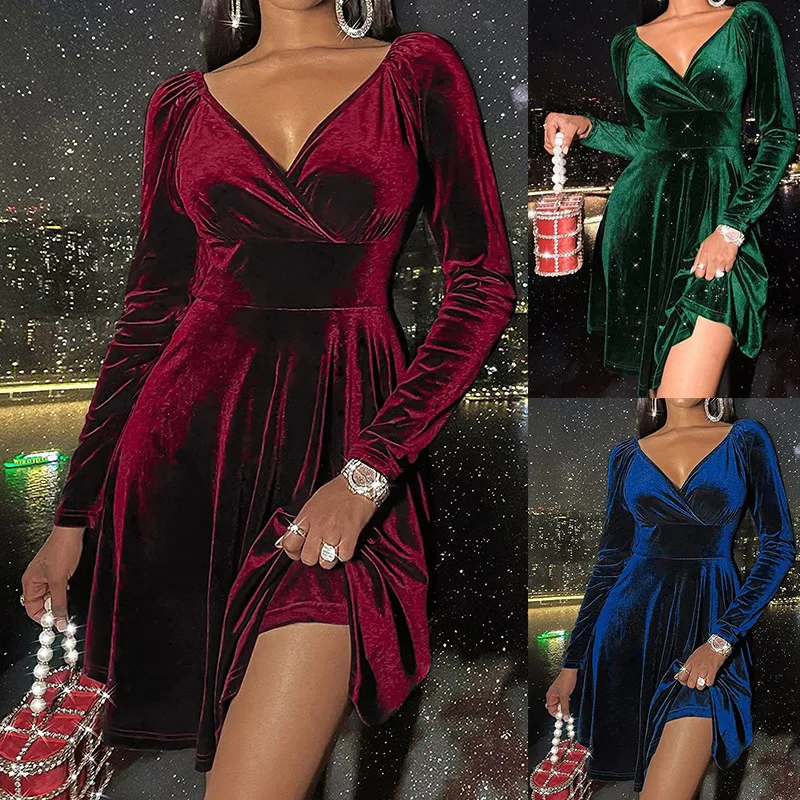 Women's 2025 Spring Autumn Long Sleeve Sexy Deep V Neck Holiday Dress Fashion Slim Elegant Long Christmas Party Dress
