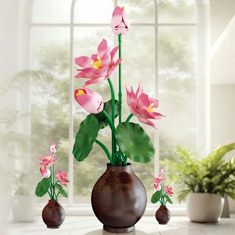

MOC Potted Lotus Leaves Building Blocks Preserved Flower Model City Home Decor Ornamental Lotus Pods With Vase Bricks Toys Gifts