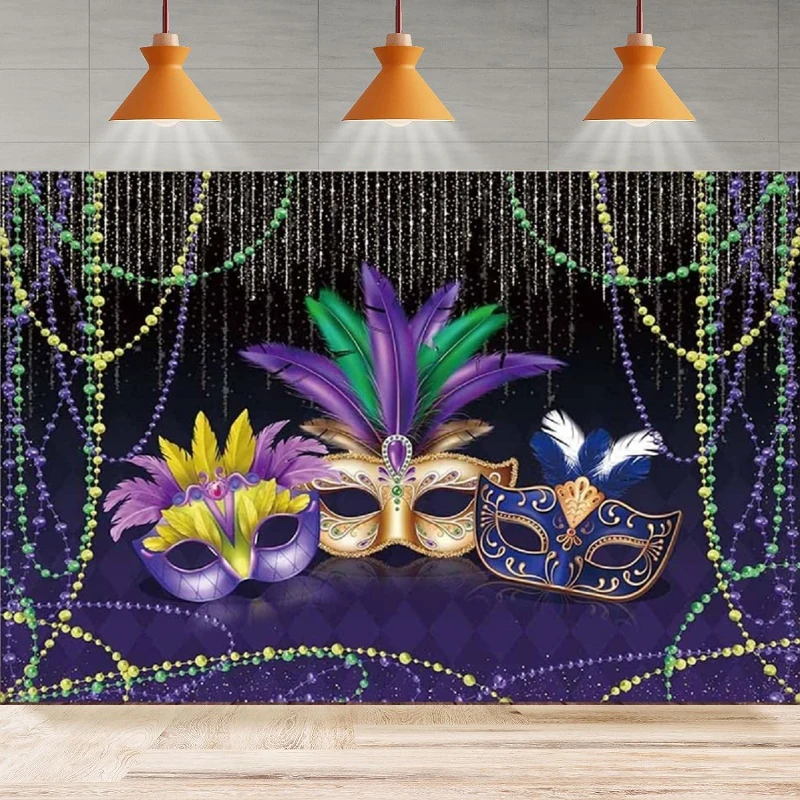 

Mardi Gras Photography Backdrop Party Carnival Masquerade Mask Colorful Glitter Beads Mask Background Wall Home Decor Banner