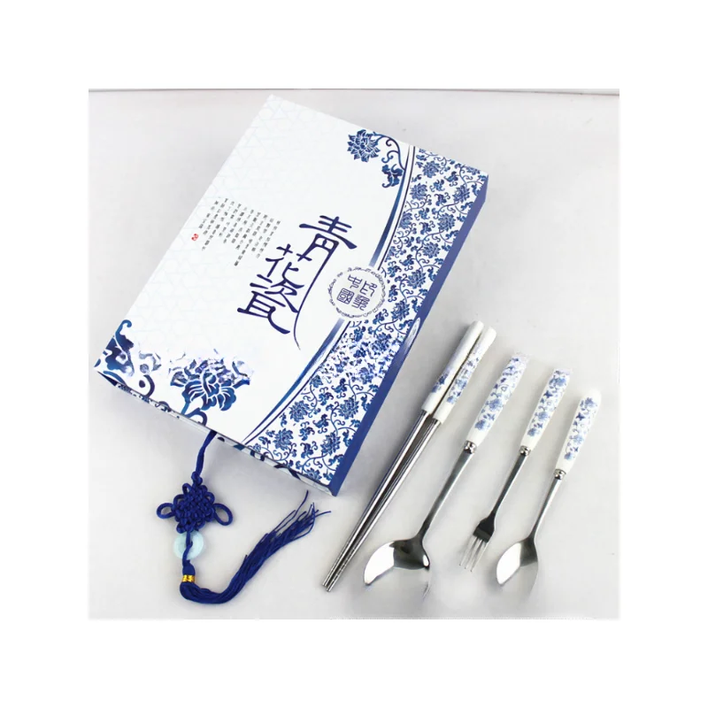 Blue and white porcelain stainless steel spoon fork chopsticks tableware set household goods combination tableware gift