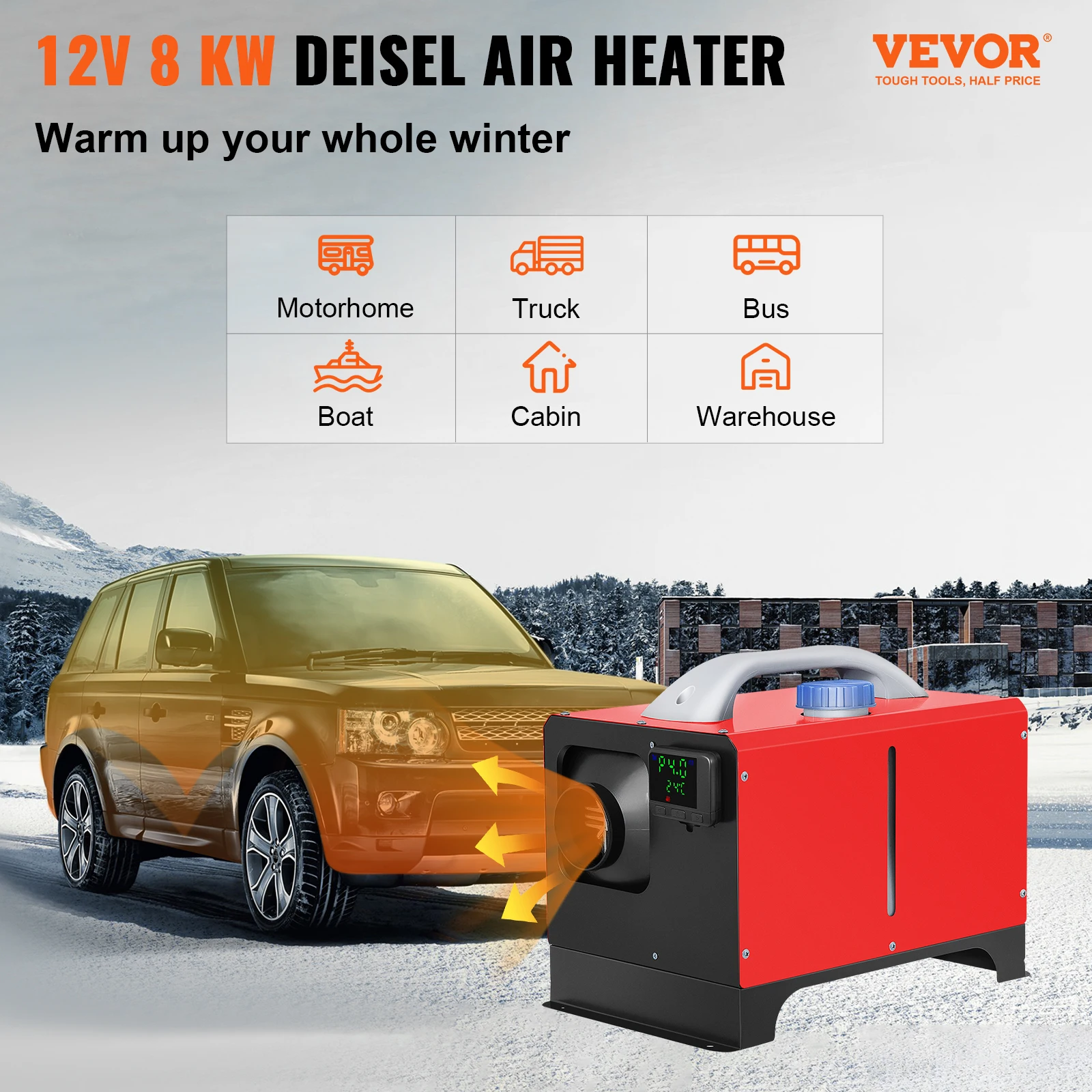 VEVOR-calefator de ar diesel com LCD preto e controlo a distância, tudo em um, 8KW, 12V, aquecimento rápido, calefator diesel do estacionamento