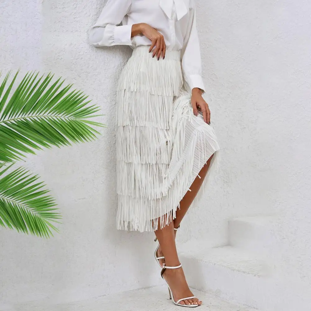 Women Skirt Spring Summer Skirt Elegant Women's Fringed Midi Skirt with Elastic Waist for Leisure Travel Soft for Daily