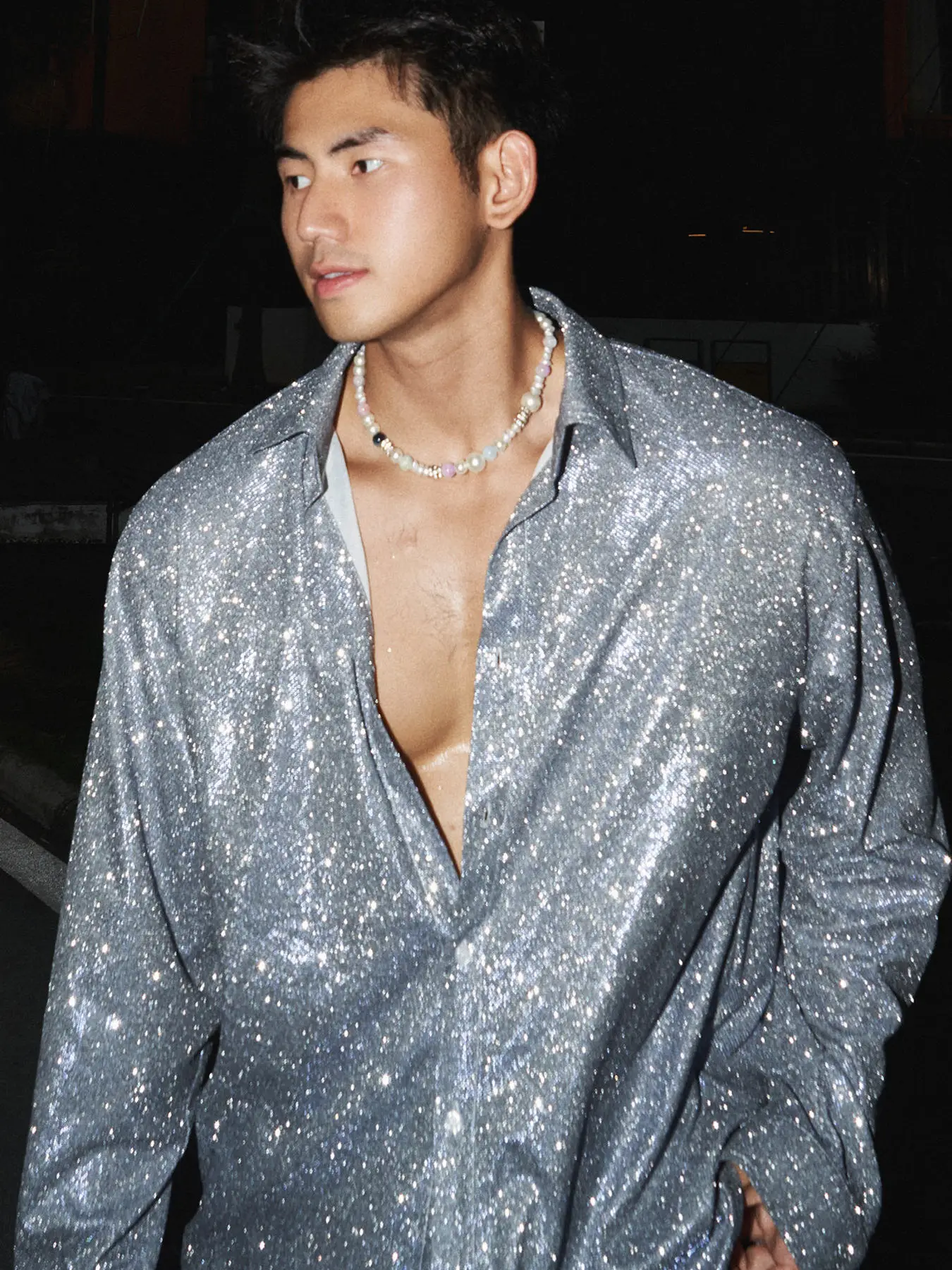 Original Autumn Soft Light Sparkle Point Men's Long Sleeve Collar Shirt Date Spring Summer Casual Loose Fit Glittering Button up