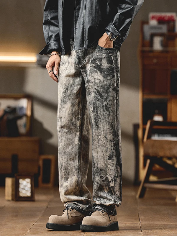 

Digital Print Camouflage Loose Fit Men's Jeans 3D Tailoring High Waist Straight Leg Long Pants American High Street Sle