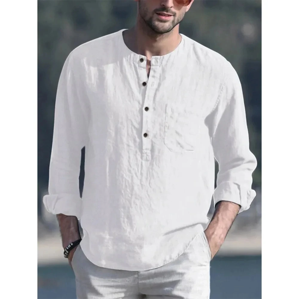 Cotton Line Hot Sale Men\'s Long-Sleeved Shirts Summer Solid Color  Stand-Up Collar Casual Beach Style Plus Size