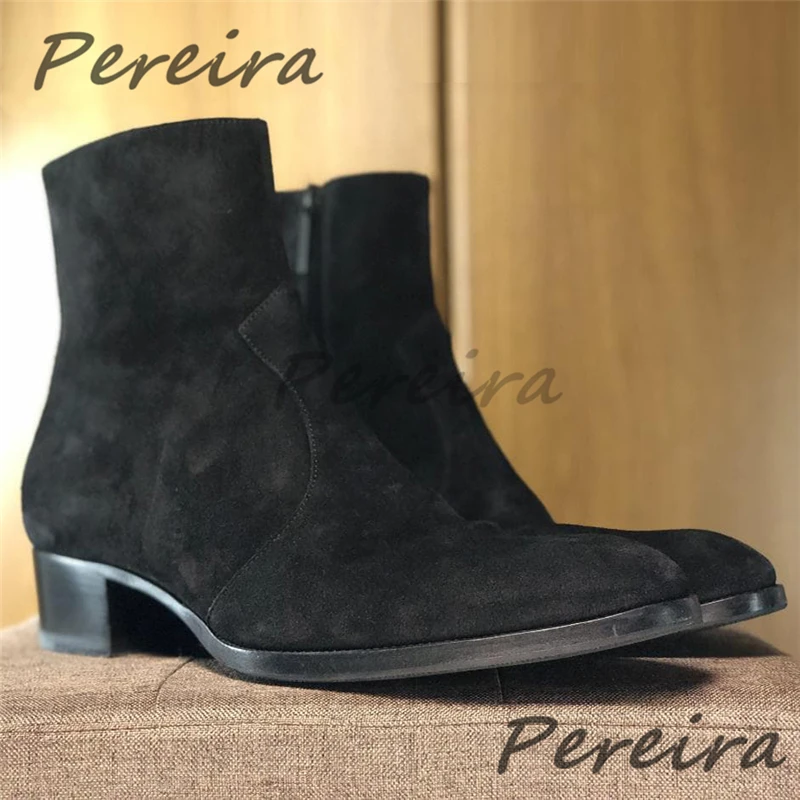 Classic Men's Handmade Genuine Leather Chelsea Boots Suede Pointed Toe Side Zipper Short Boots Fashion Party Wedding Dress Shoes