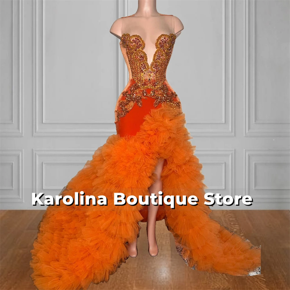 

Orange Tulle Ruched High Split Prom Dresses Beaded Rhinestones Mermaid 2025 Birthday Luxury Dress African Blackgirls Customized