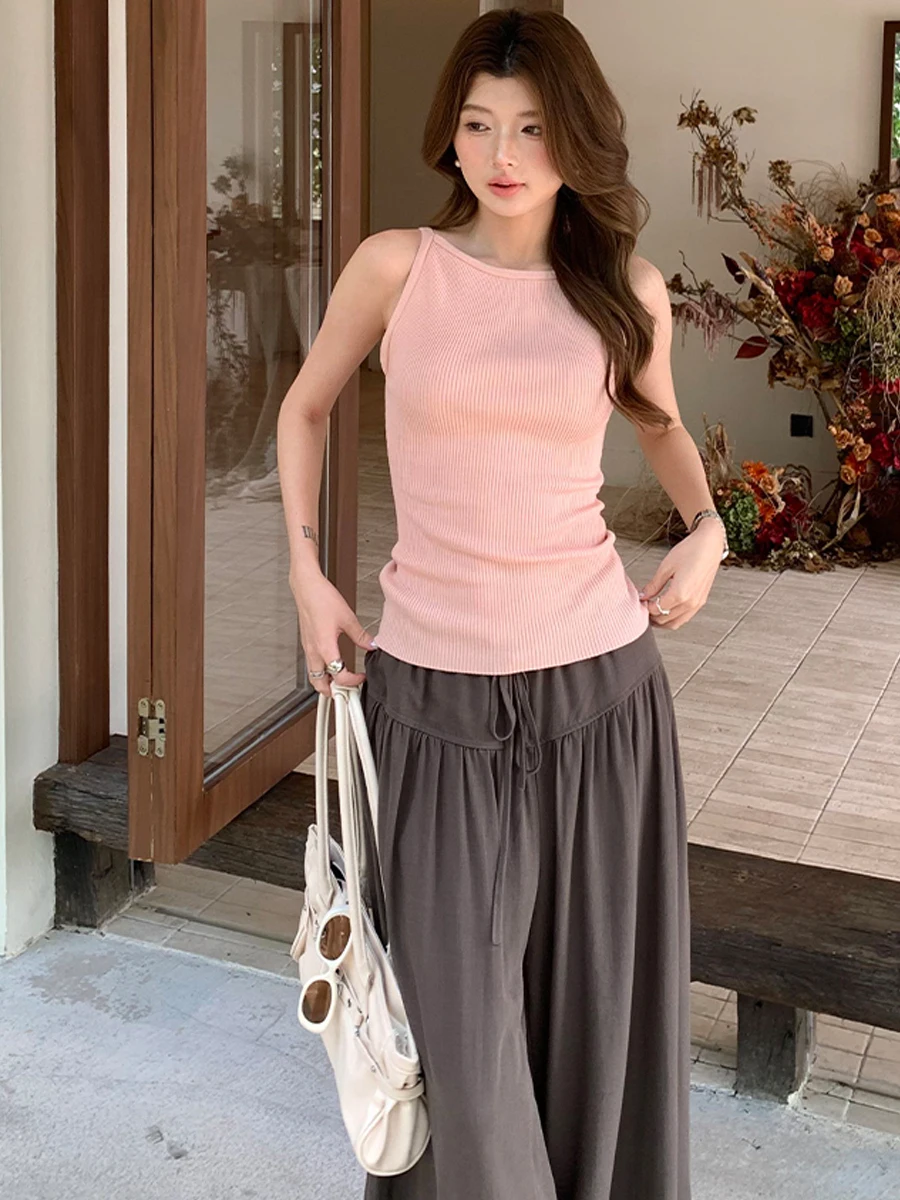 Korean Style Casual Slim Fit Knitted Sleeveless Vest Early Autumn Versatile Show Body Precision Top for Women Polyester Fabric