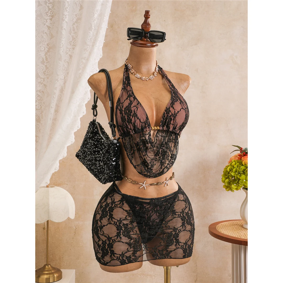 Mit Rock, Spitze, Neckholder-Bikini, Damen-Badeanzug, Damen-Bademode, dreiteiliges Bikini-Set, hoch geschnittene Beine, Badeanzug, Badebekleidung, Schwimmbekleidung V8418 – Detail 5