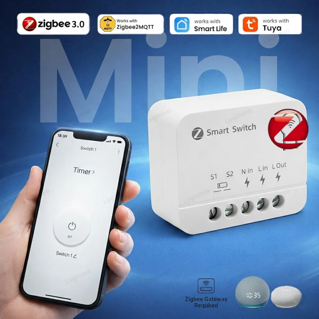 

Мини-модуль умного выключателя Zigbee, 1/2-канальный, 10А/16А, реле-выключатель для домашней автоматизации, совместимый с TUYA Smart Life, Z2M, Alexa, Google Home