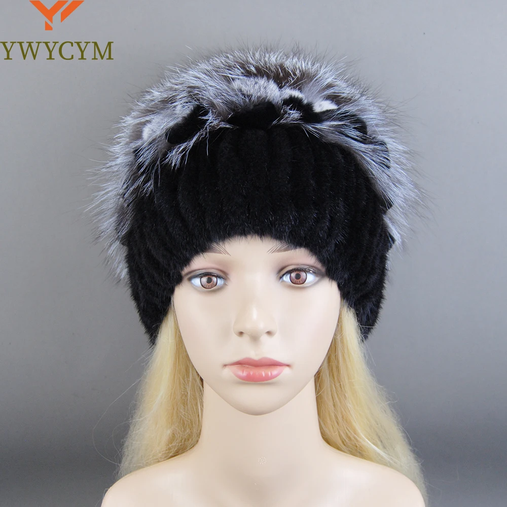 2024 Women Beanies Knitted Luxury Flower Real Mink Fur Beanies Hats Real Silver Fox Fur Hat Female Natural Mink Fur Winter Hats