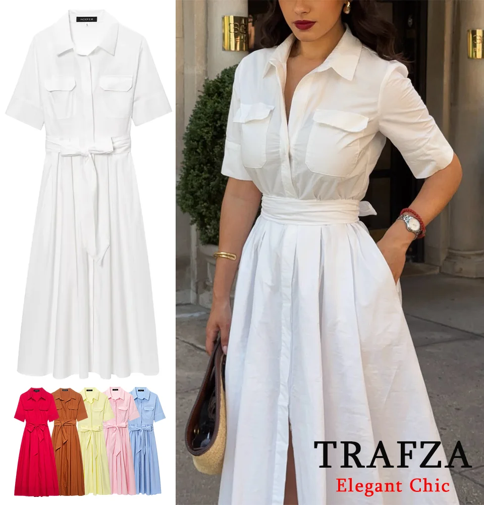 

TRAFZA Women Elegant Belt White Dress Lapel Pocket Long Dress 2025 New Spring Summer High Street Romantic Casual Holidays Dress