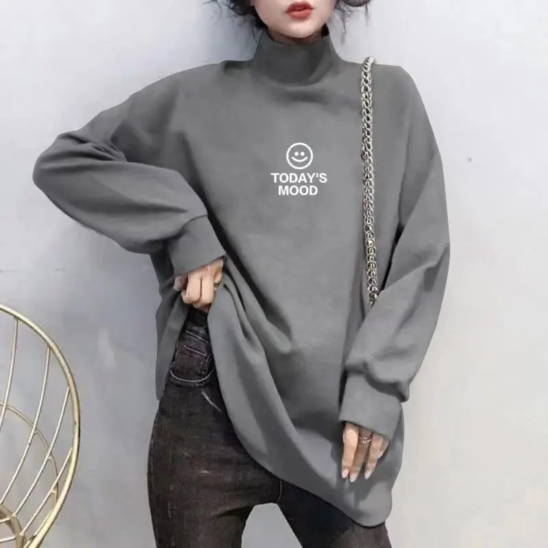 Women Long Sleeve Solid Basic T-shirt Oversized Autumn Loose Casual Turtleneck Simple Pullovers Smiling Face Printed Top Tees