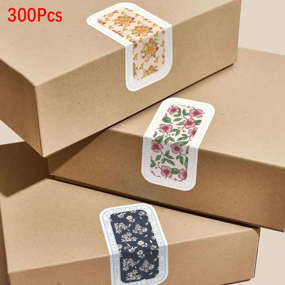 300Pcs Fashion Adhesive Sealed Stickers Floral Patterns Rectangular Packaging Stickers Decorative Stickers