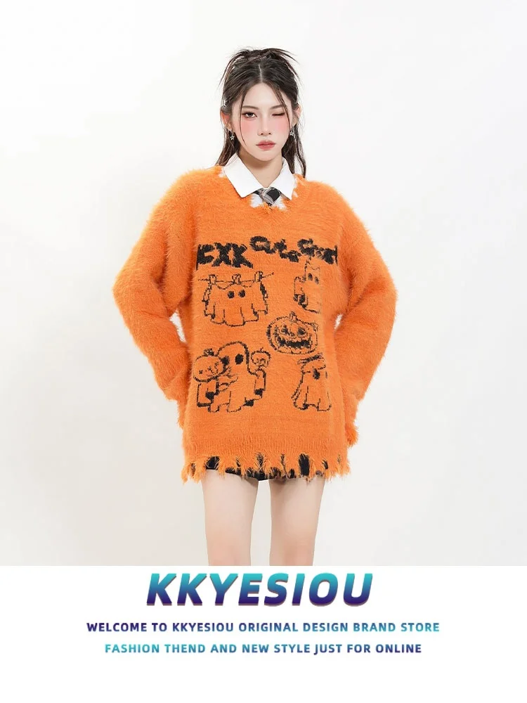

KKyesiou Dopane Orange Knitted Sweater loween Design Men Women Retro American Sle Couple's Long Sve Casual Loose Fit