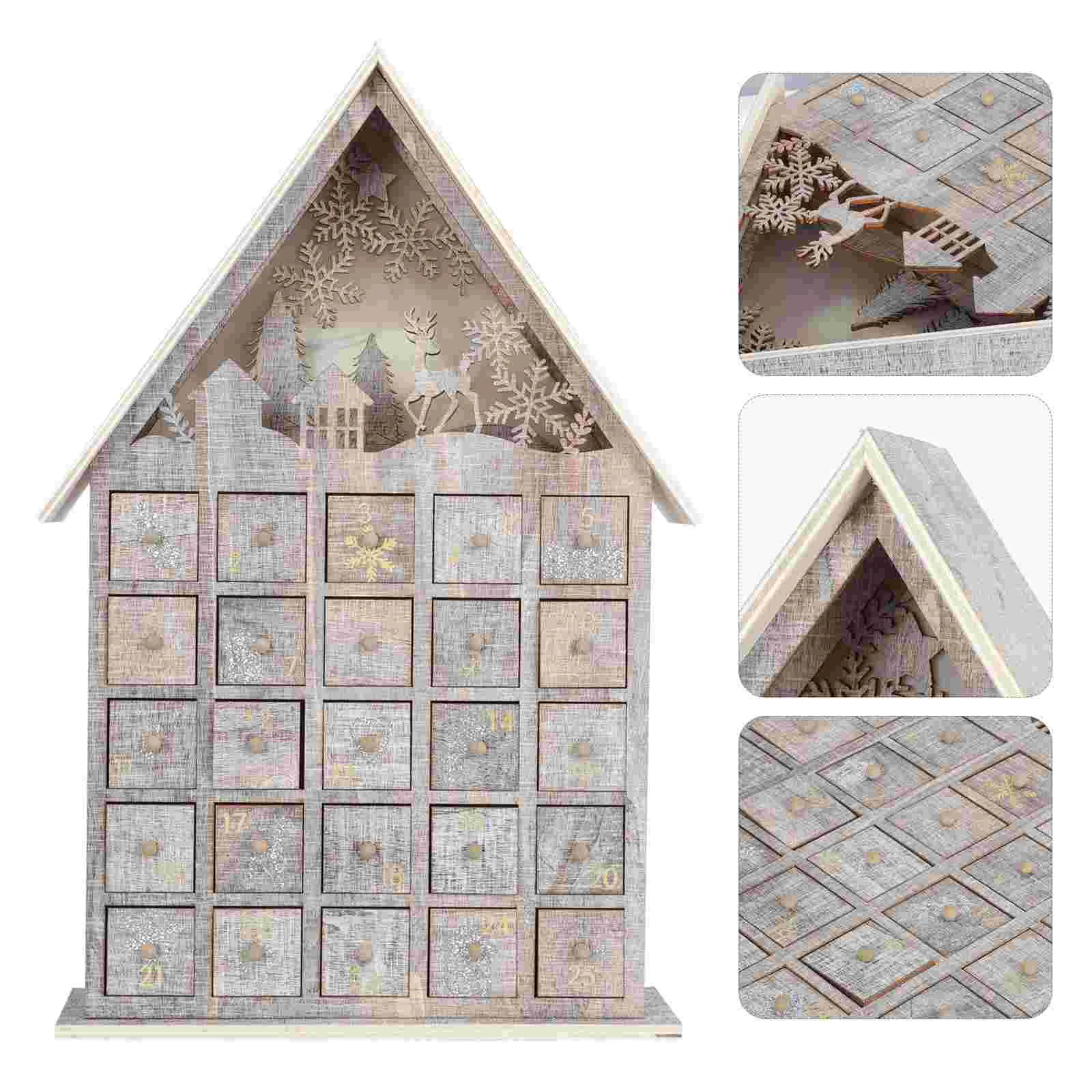 

Village Advent Calendar Decorative Lights Table Ornament Gift Holding Drawer Beige Wooden