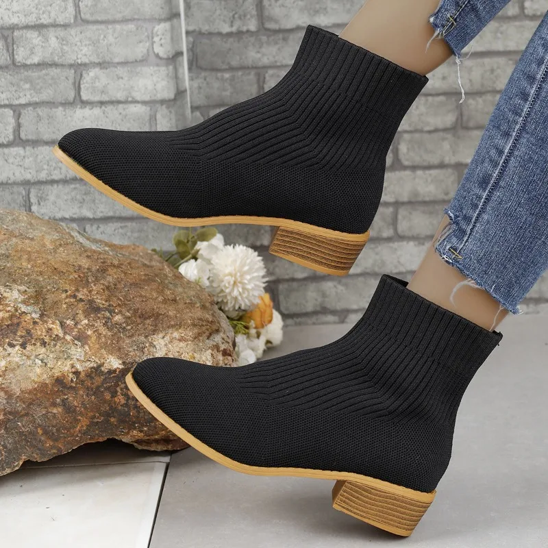 Ankle Sock Boots for Women Fashion Medium Heel Pointed Toe Knitted Short Chelsea Boots Female Casual Heeled Shoes Footwear Pumps