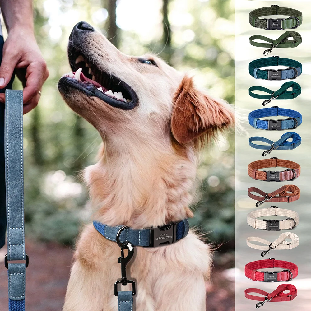 

Personalized Dog Collar and Leash Set Nylon Custom Collars With Free Engraved Metal Nameplate for Small Medium Large Dogs