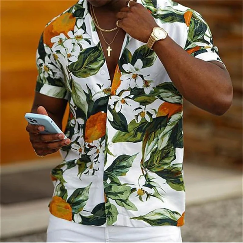 Camisa floral de lapela masculina de botão manga curta, camisa casual verão, presente férias de praia, tudo