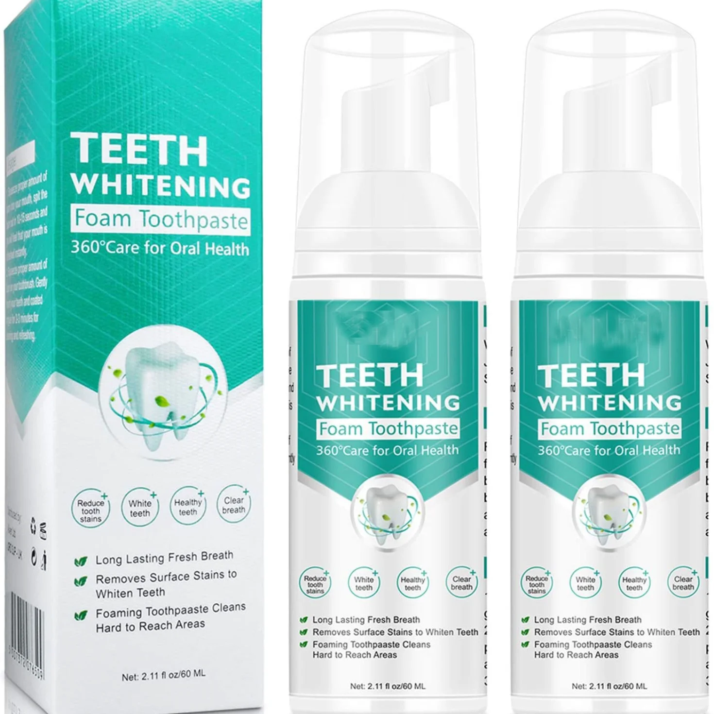 Creme dental poderoso Teeth Whitening Foam, Seguro e Eficaz na Saúde Oral, Sem Sensibilidade, 60ml