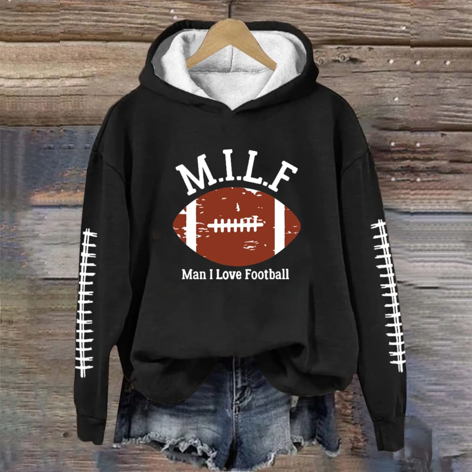 MILF/ Man I Love Football Print Hoodies Football Sweatshirt Long Sleeve Hoodie Autumn Winter Sweatshirt Baseball Pullover Tops