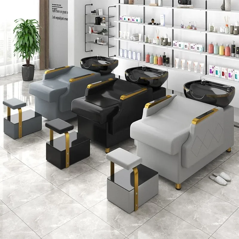 Modern Simple Style Barber Shop Shampoo Bed Leather Material Hairdressing Semi-Reclining Bed Foot Stool Beauty Shop Hair Care