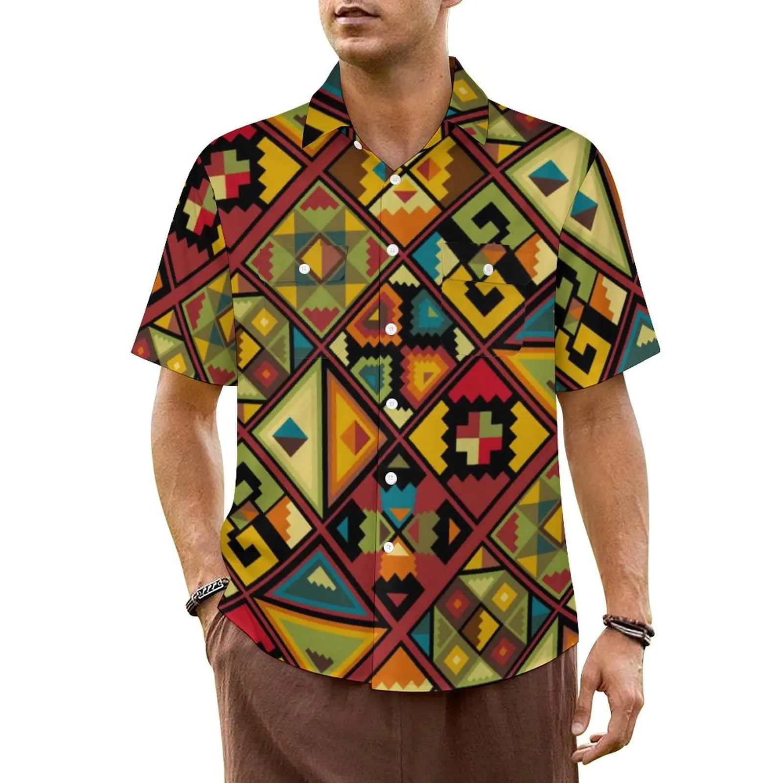 

Рубашка для отпуска в африканском стиле, Мужские Элегантные повседневные рубашки с цветными геометрическими рисунками, гавайская модная женская рубашка с коротким рукавом Y2K