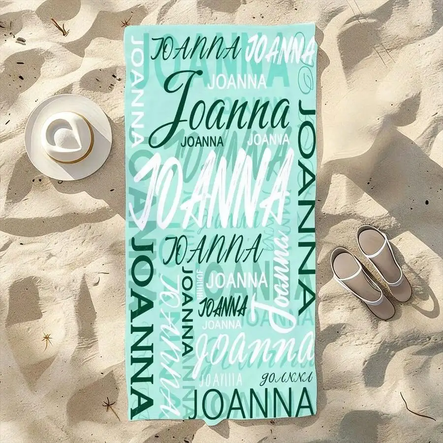 Personalized Joanna Typography Beach Towel, Modern Artistic Collage Design With Teal Mint Green And White Fonts, Ultra-Soft Quick-Drying Absorbent Sand-Proof Microfiber For Swimming Pool Camping Trave view 3