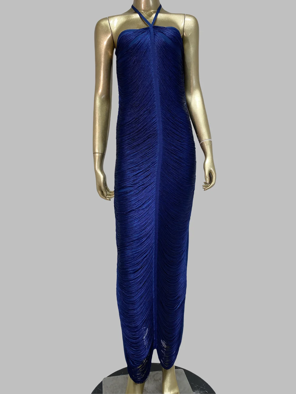 

Women Luxury Royal Blue Drapped Bandage Dress Halter Long One Piece Celebrity Evening Club Party Gowns Korean Gala Dress