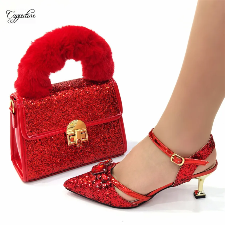 Set di scarpe e borse da donna arancioni di lusso da abbinare a décolleté da sposa con tacchi alti da donna e sandali con pochette a mano Sandales