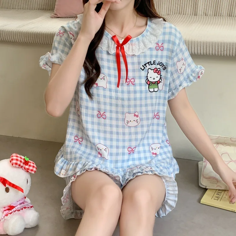 

2Pcs Sanrio Hello Kitty Women's Pajama Set Summer Thin Anime T-Shirt Shorts Round Neck Lace Trim Cute Girl Pajamas Homewear Gift