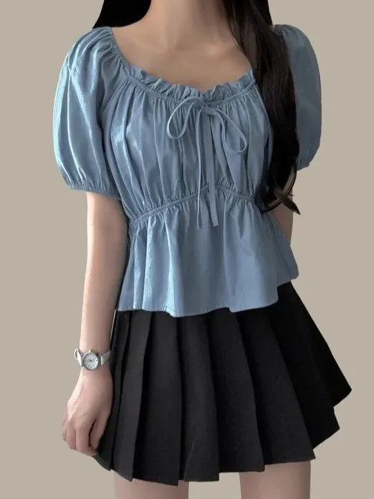 Korean Sle Sweet Spicy ort Sve Women's irt Summer New Lobone One oulder Bubble Sve Waist Inward Denim Top Trendy