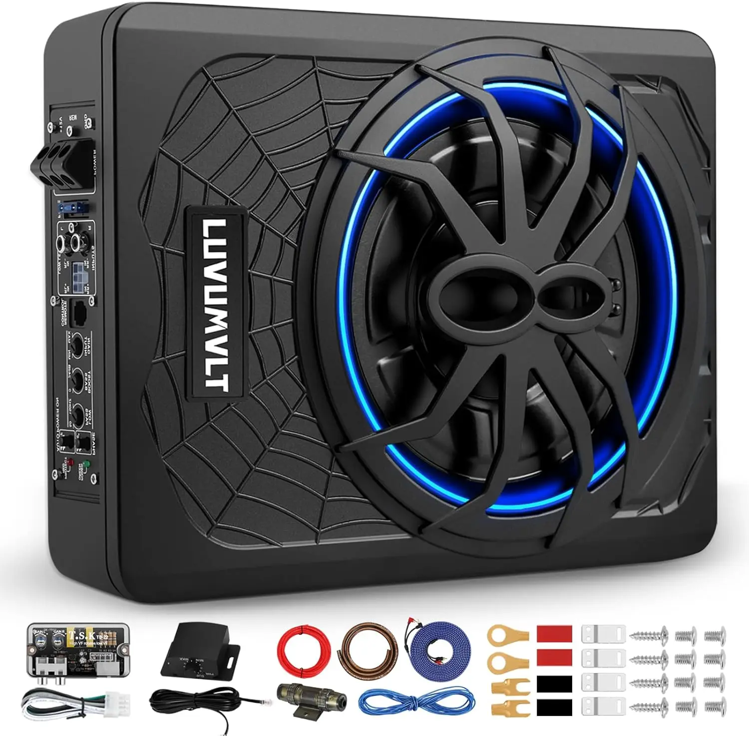 

1200W Slim Under Seat Car Subwoofer with Built-in Amp, High/Low Input, Blue LED Light